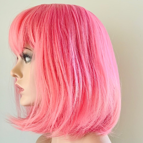 Bright Pink Color “Put On & Go” Synthetic Wig with Bangs for Events or Cosplay - Picture 2 of 4